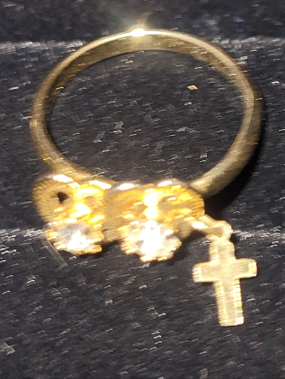 Vintage Gold Tone Double Heart Ring with Dangling Cross Charm Adjustable